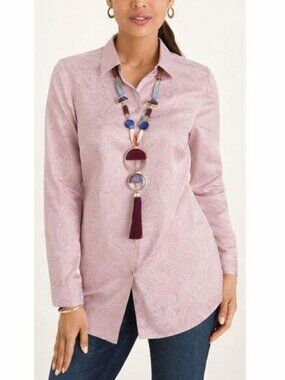 Chico’s Shirt Tunic Size 1 (8) Pink Long Sleeve Silky Paisley *